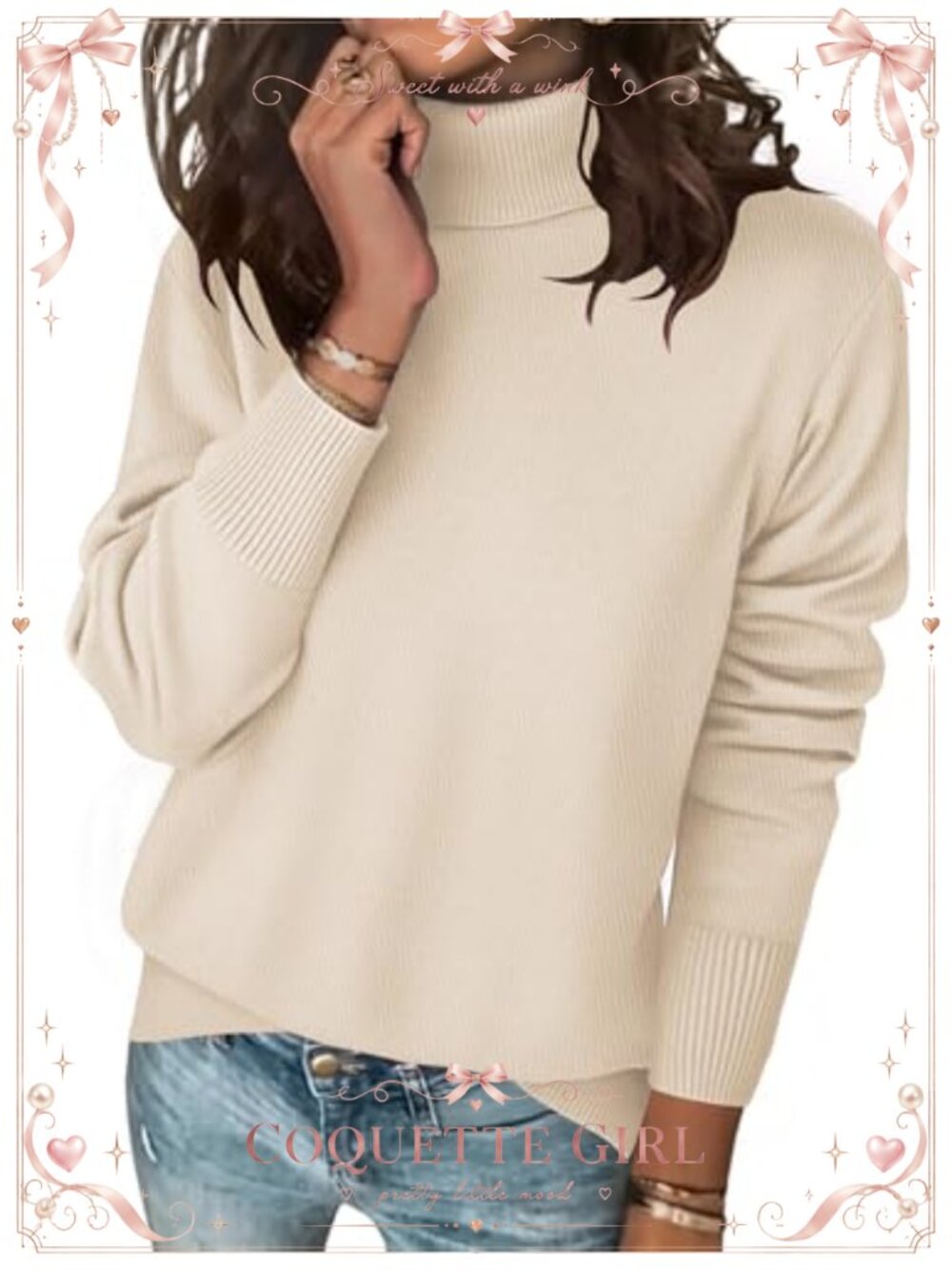 Turtleneck Sweater Long Sleeve Knit Pullover Top Asymmetric Hem